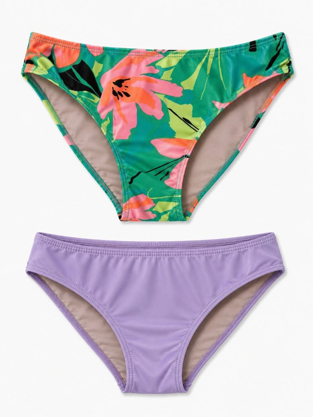 Bundle of 2 Women's Bikini Bottoms - Tropical Floral Print + Solid Lavender - M - Picture 1 of 11